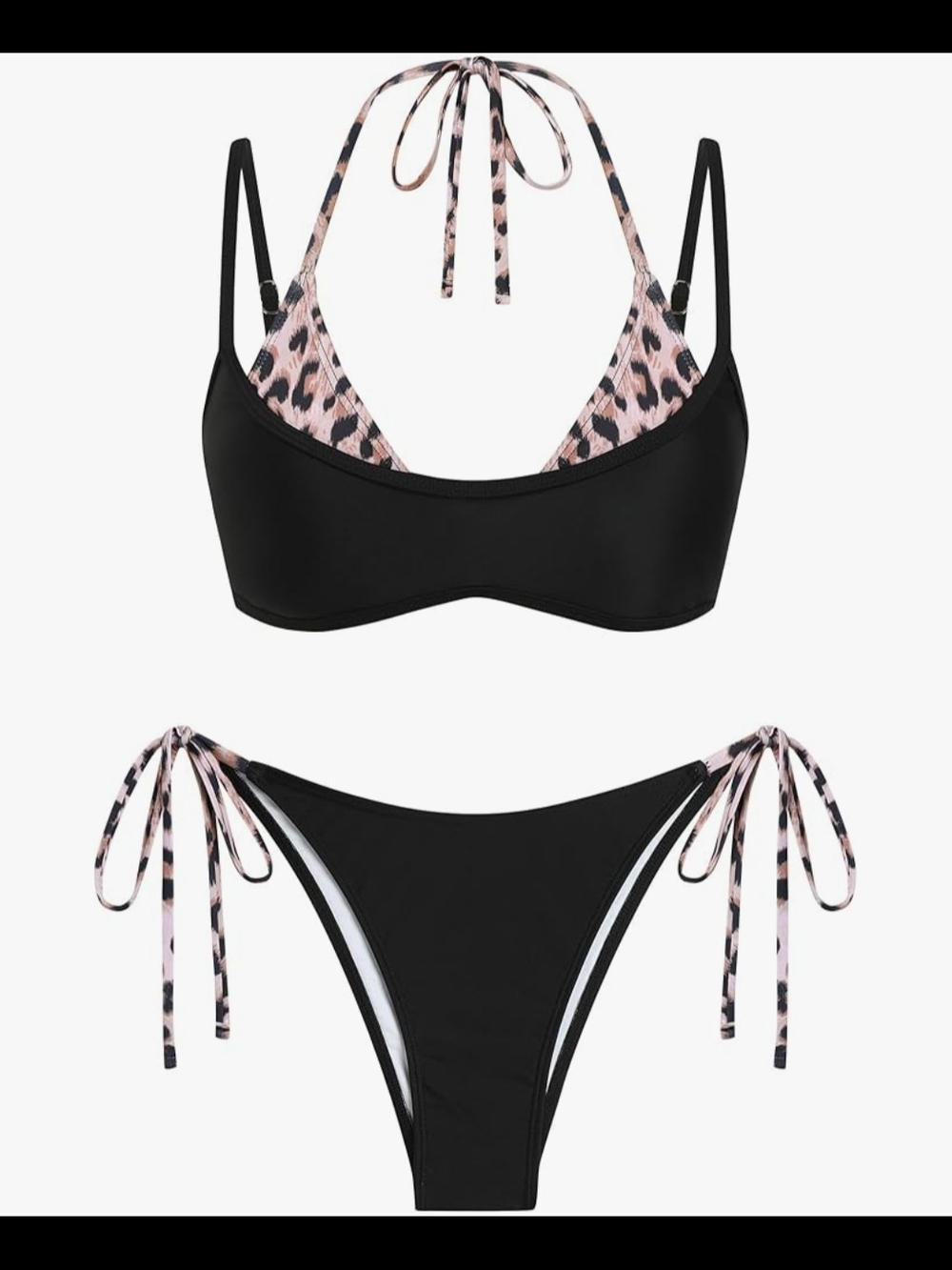 Zaful Black & Pink Leopard Tie-Halter Bikini Set
